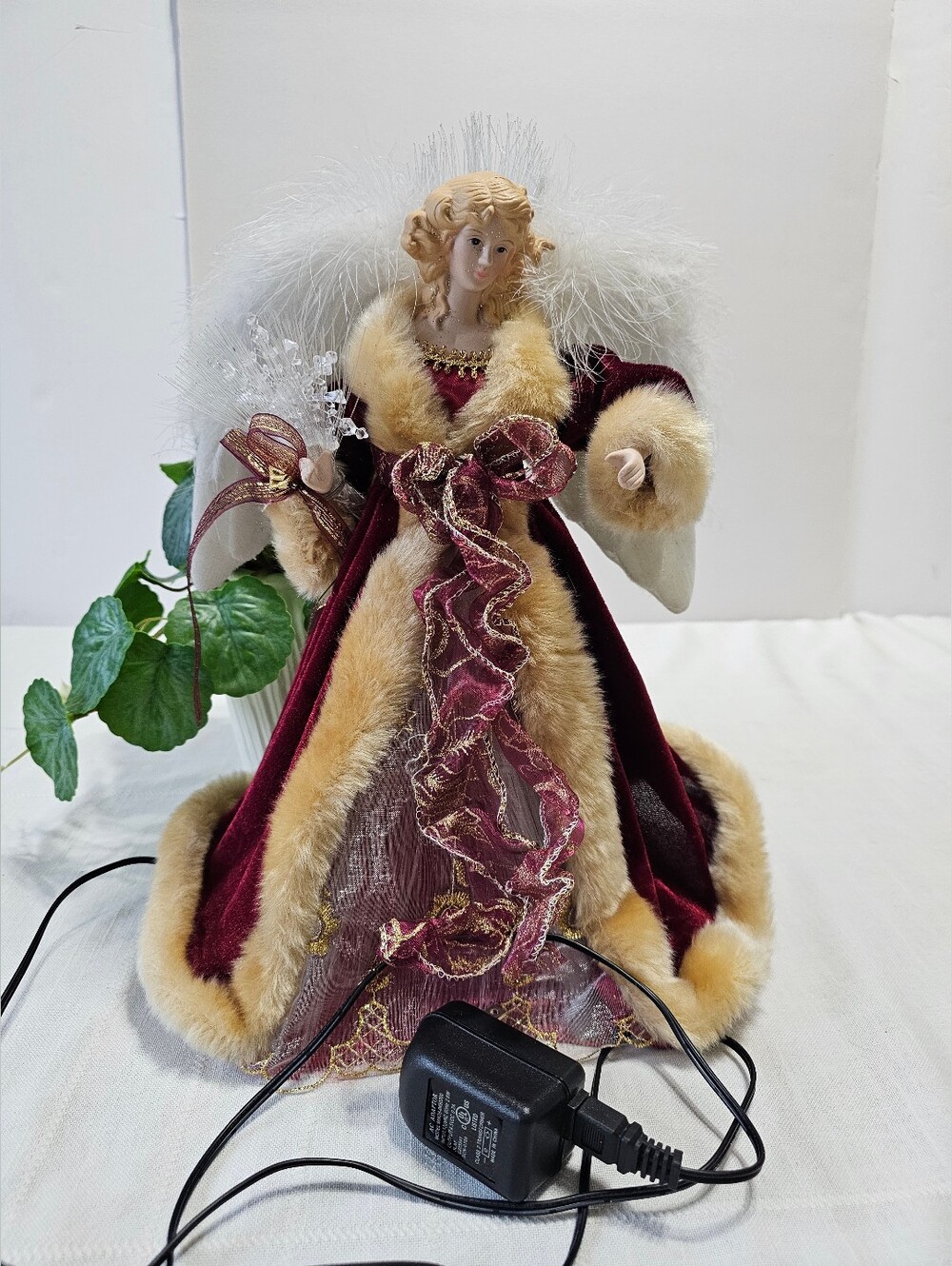 Lighted Christmas Angel Burgundy & Gold Velvet Holiday Décor